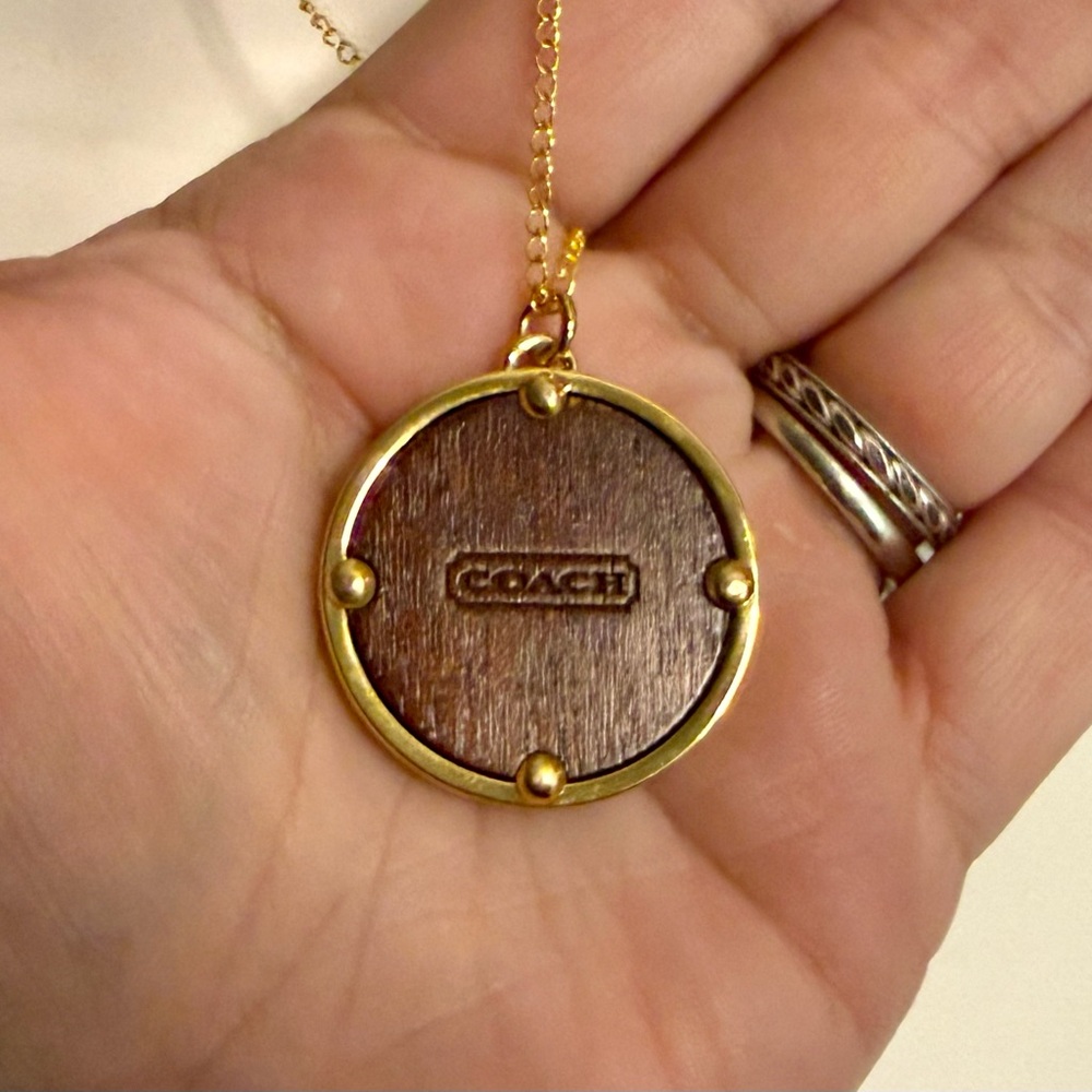 Coach Large Signature C Wood Inlay Pendant 18k/.925 Necklace - Picture 4 of 9
